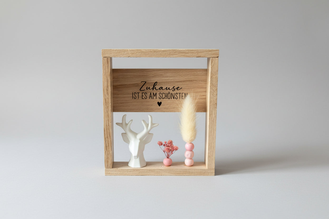 Holzrahmen-Arrangement „Wohlfühl-Zuhause“ – Hirsch & Rosa-Akzente